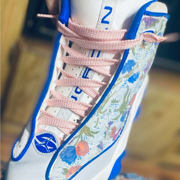 Jordan Kids Sneakers with Blue and Pink Floral Design Custom